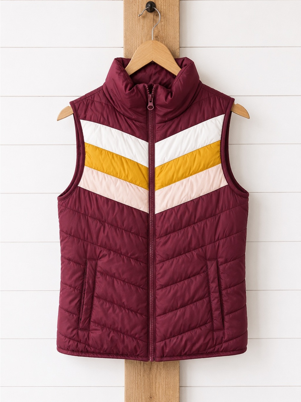 Arizona Jean Company Maroon Chevron Puffer Vest with Gold, White & Blush Stripes